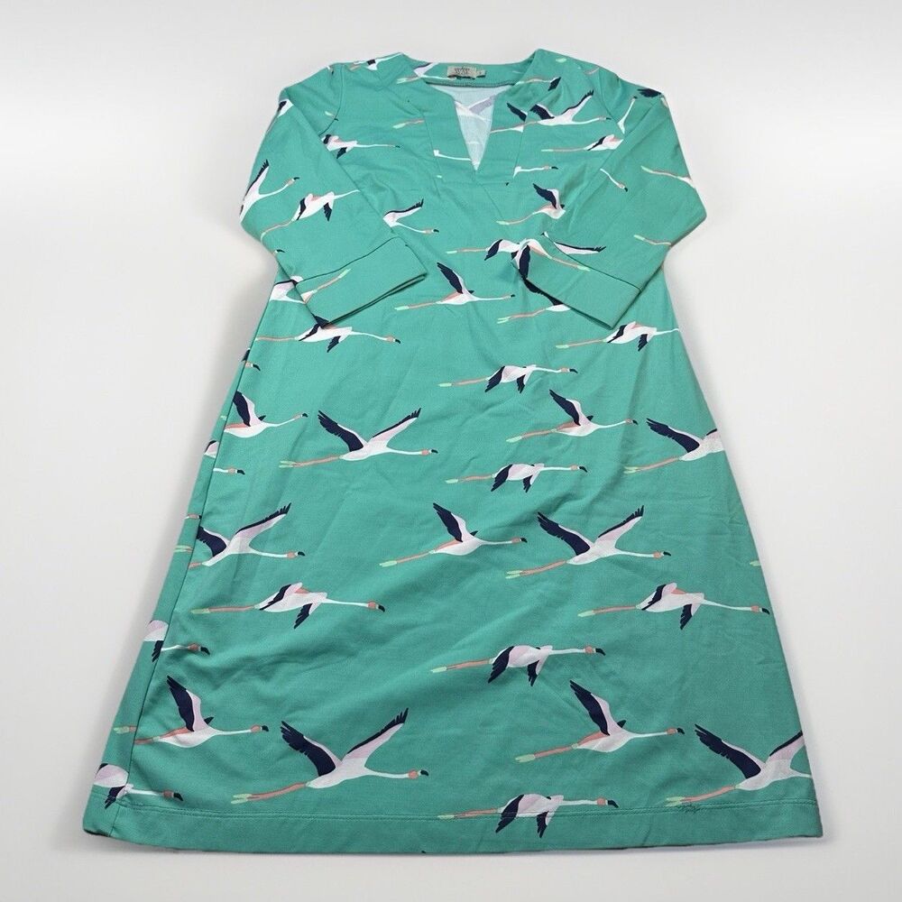 Katherine Way Flamingo Print Shift Dress Womens Small Aqua Turquoise Knee Length